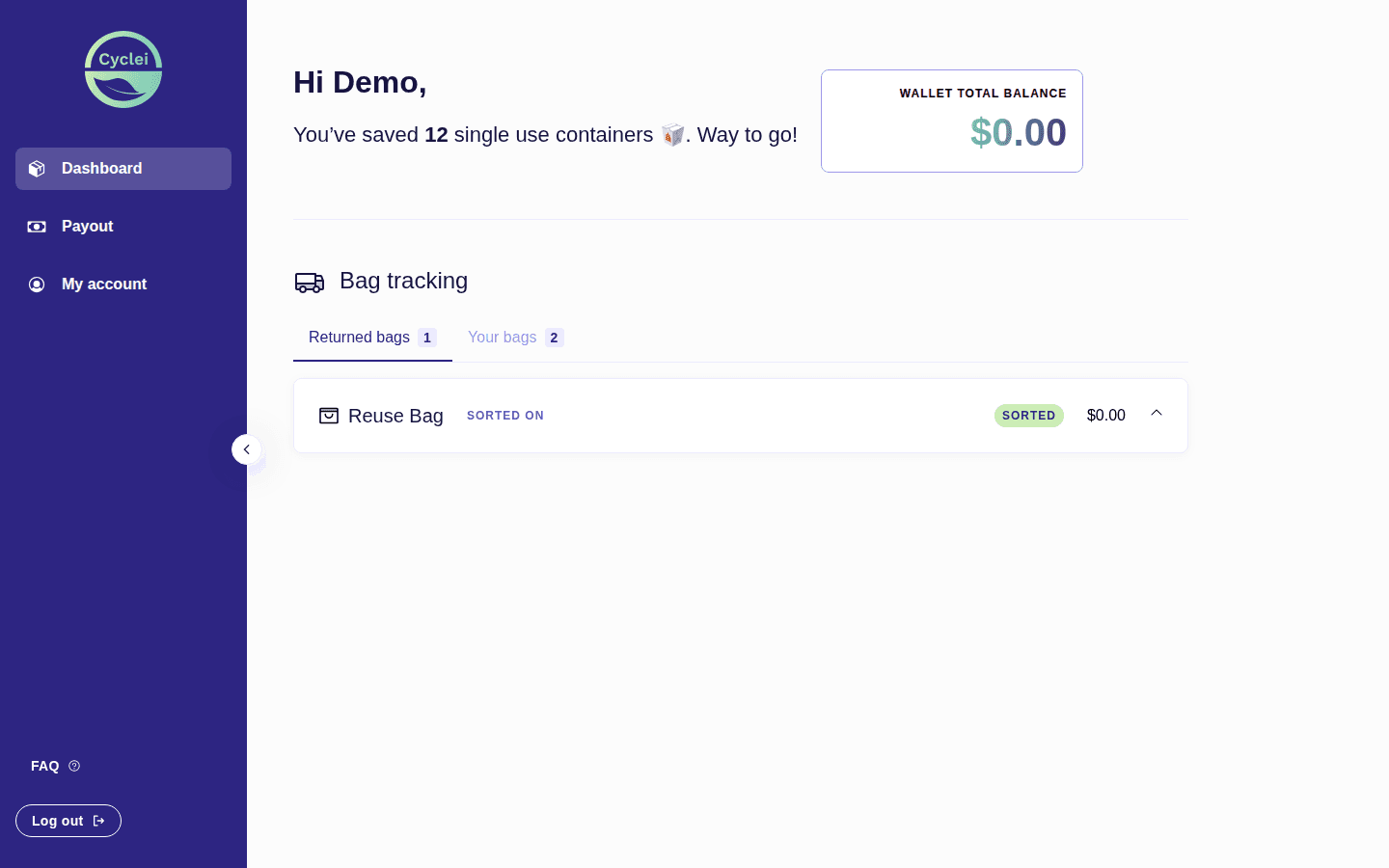 Screenshot of the Cyclei customer dashboard showing the impact tracker, wallet balance card, and bag tracking tabs